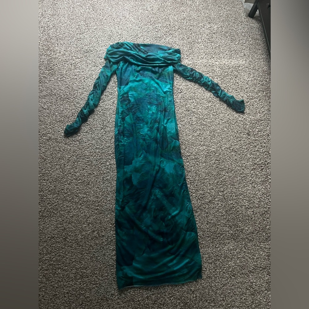 Sexy Marbled Watercolor Maxi Dress with Off the Shoulder sleeves